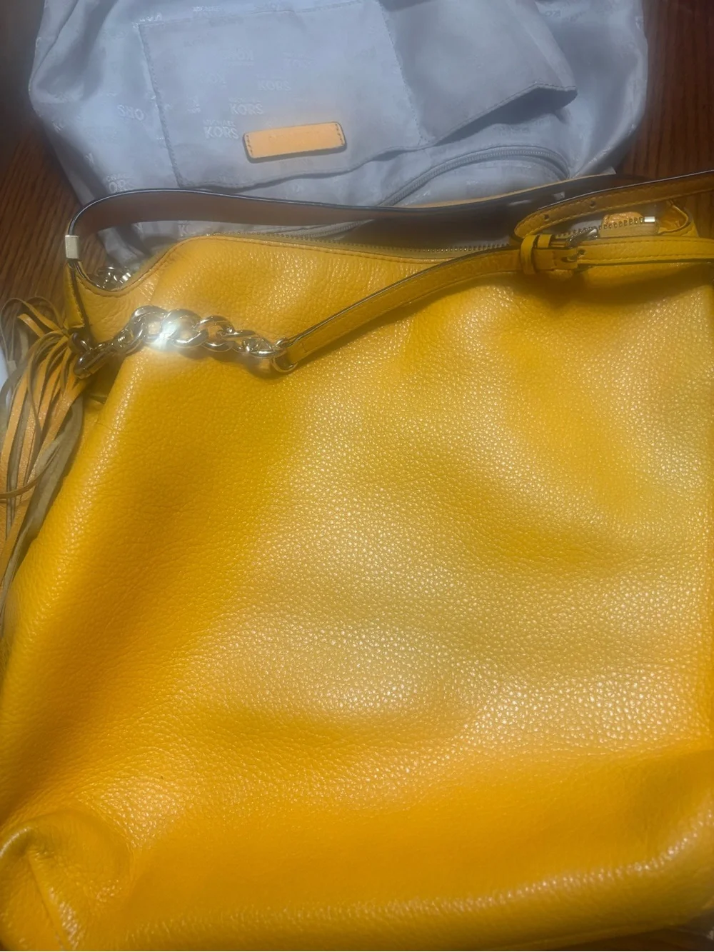Michael Kors Bedford Yellow Pebbled Leather Hobo Tassel & Chain Strap in Mustard